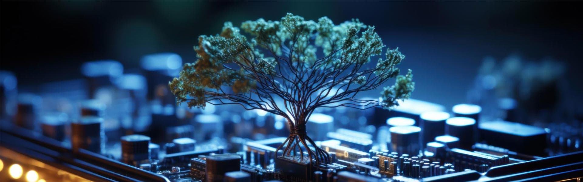 Árbol luminoso sobre una placa electrónica, símbolo de la energía y la tecnología