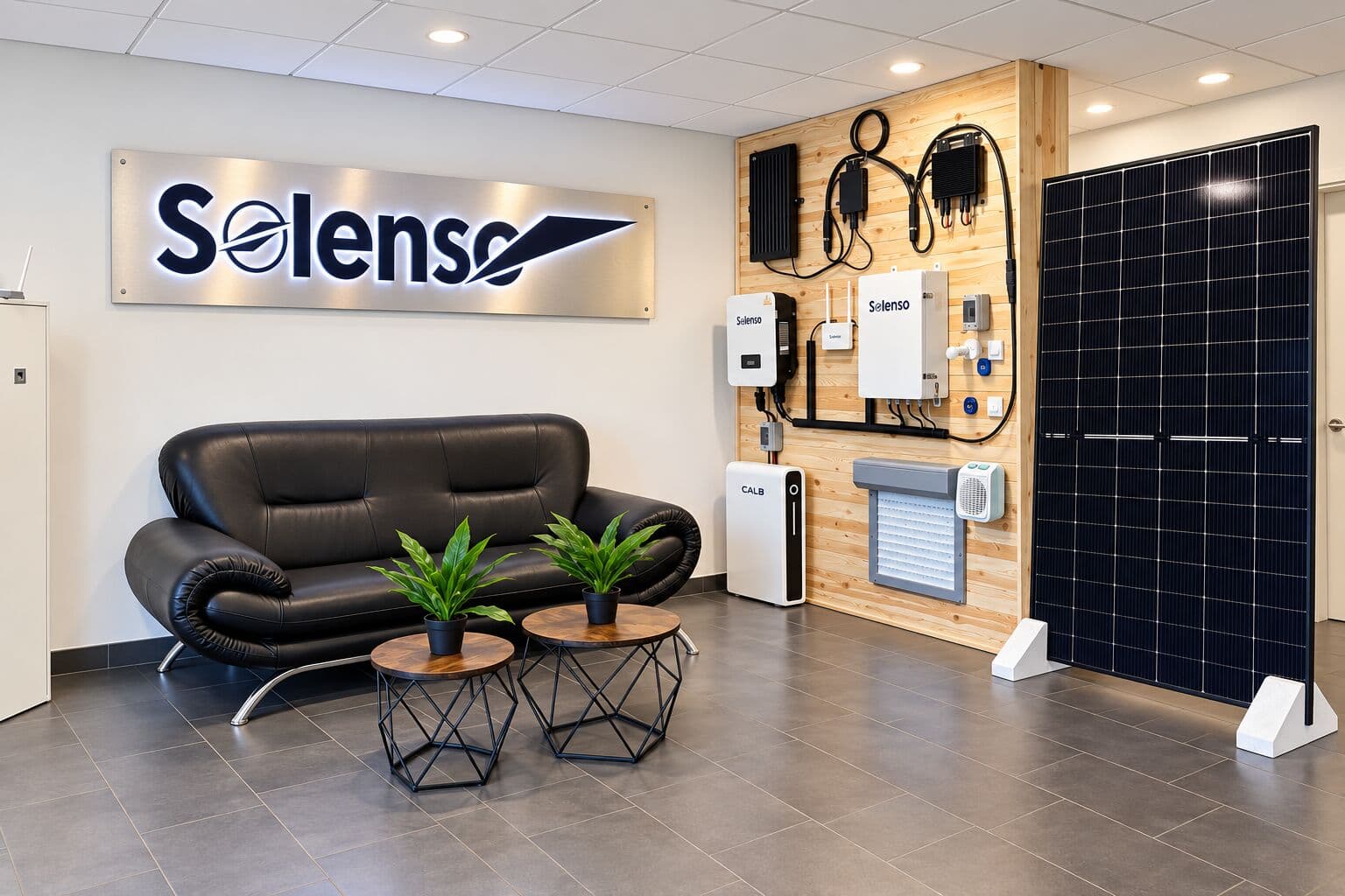Showroom de Solenso Power en Woippy, con microinversores, batería CALB y panel solar