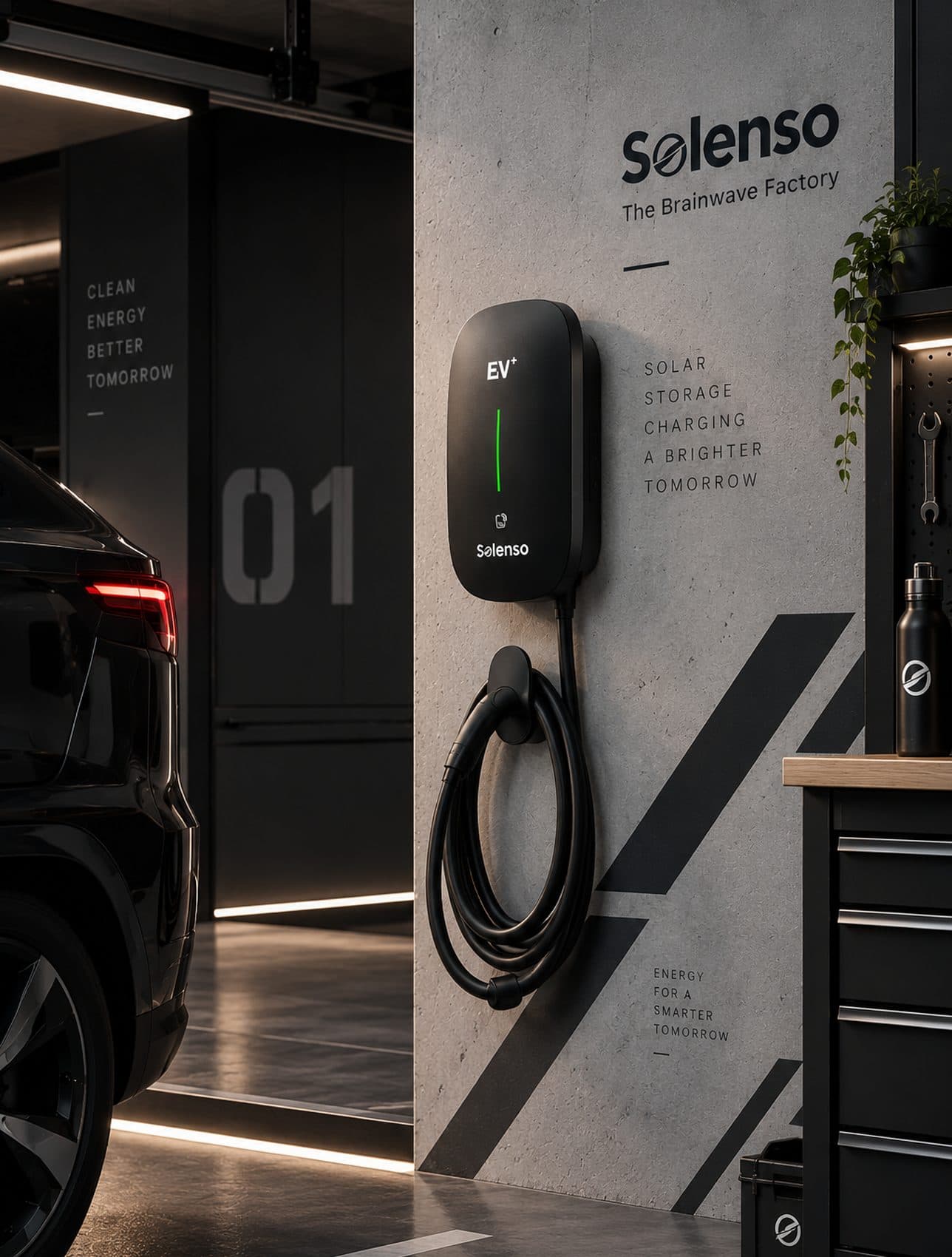 Cargador Solenso EV+ instalado en un garaje, con el cable Tipo 2 recogido en su soporte