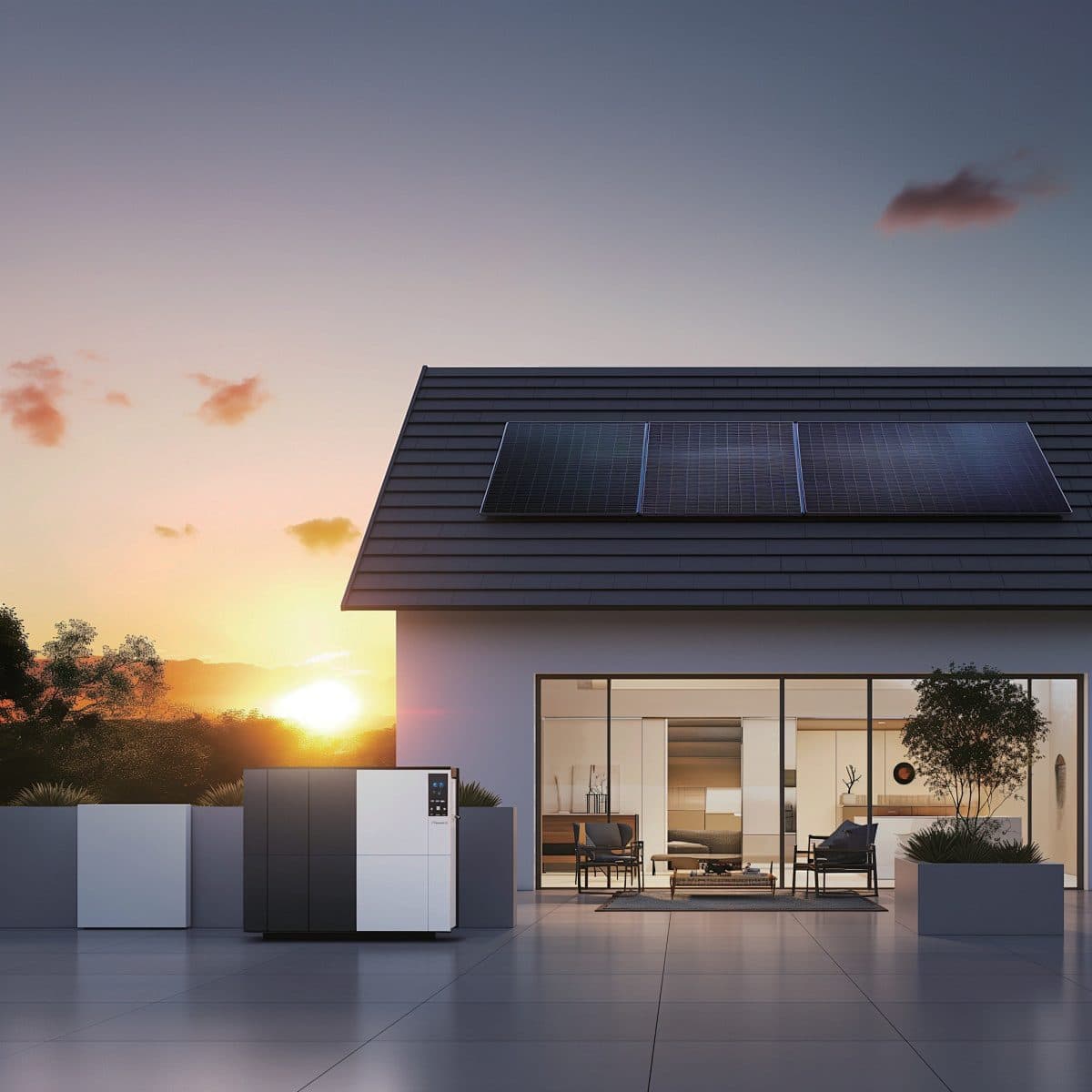 Cuadro AC BOX Solenso instalado junto a una casa equipada con paneles solares