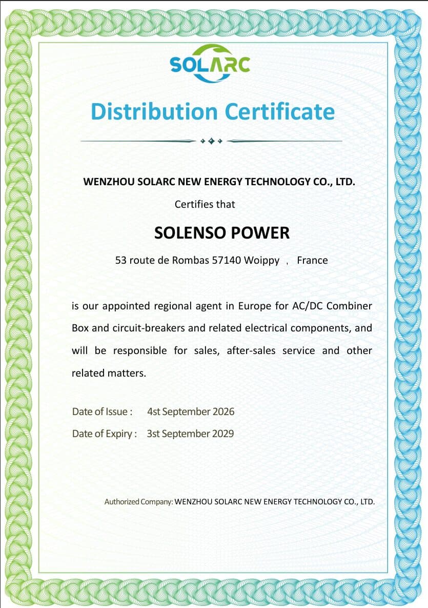 Certificado SOLARC que designa a Solenso Power distribuidor oficial en Europa, de 2026 a 2029