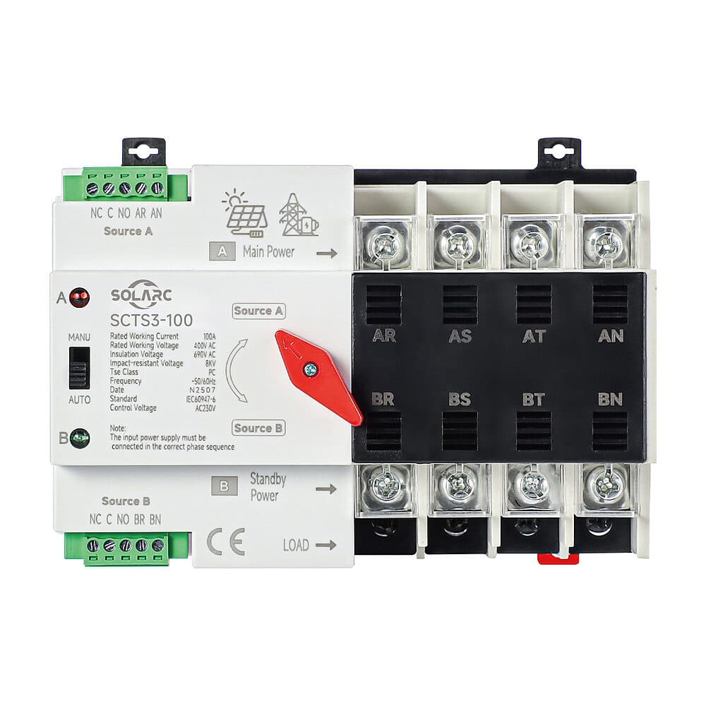 Conmutador automático de redes SOLARC SCTS3-100 tetrapolar con selector manual e indicadores de fuente